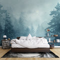 Snowy forest wallpaper with deer in a cozy Scandinavian living room setting showing depth and atmosphere