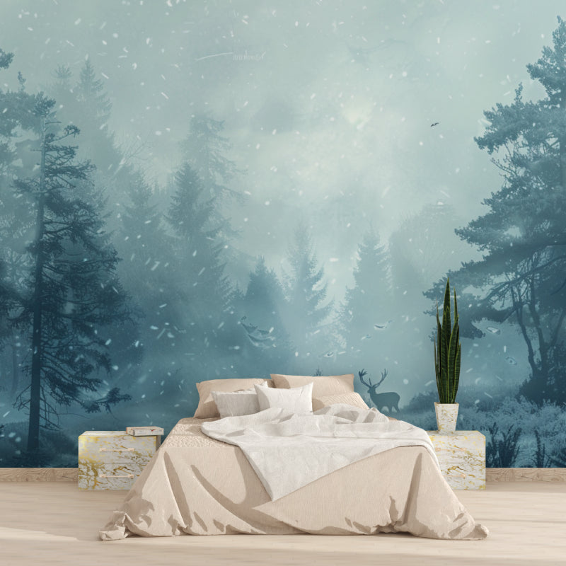 Pine tree wall mural creating a peaceful bedroom retreat with soft winter forest theme