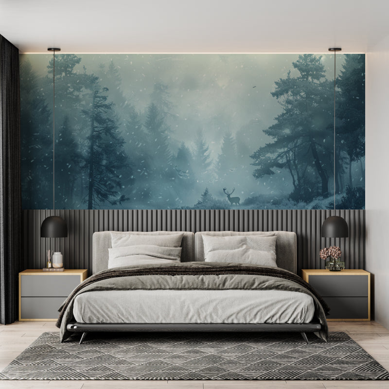 Winter forest wallpaper transforming a dining room with Nordic charm and natural beauty