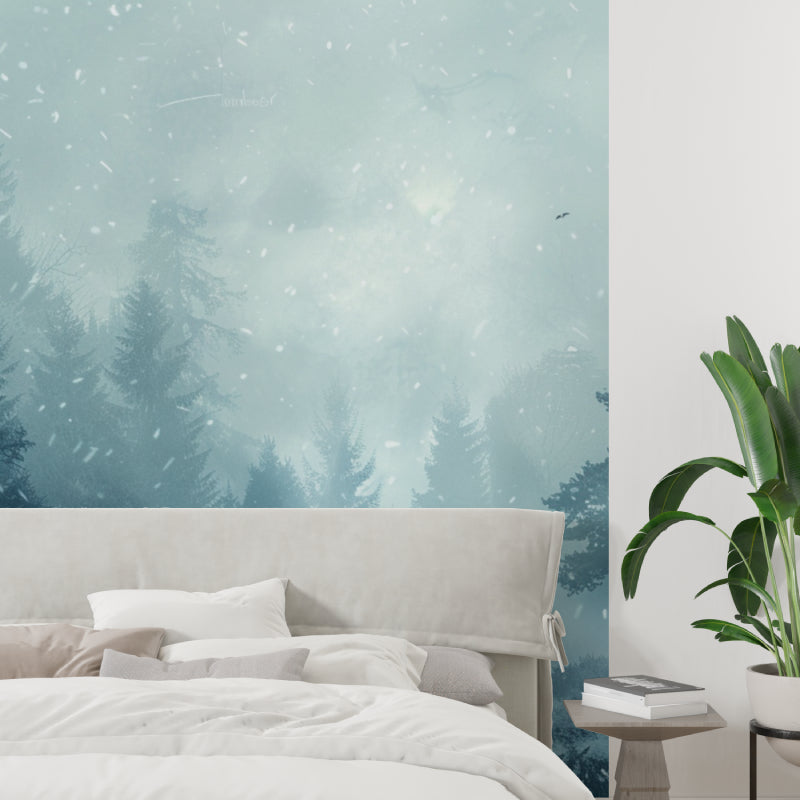Snowy pine tree wallpaper creating depth in a minimalist entryway setting