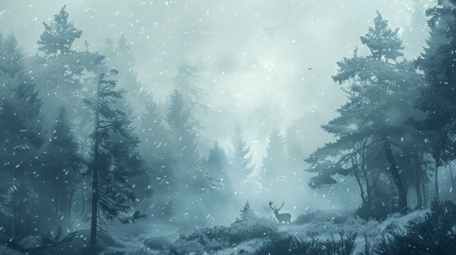 Design file showing detailed winter forest pattern with deer silhouette and gentle snowfall