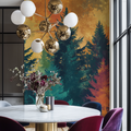 Forest wall mural creating a cozy atmosphere in a modern living room with golden sunset tones