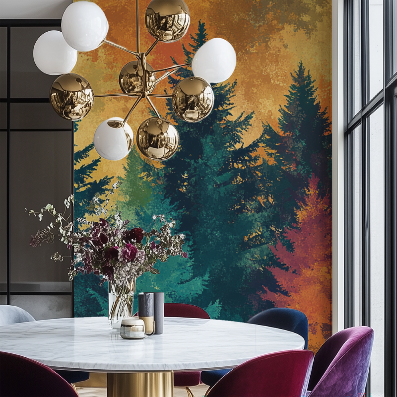 Forest wall mural creating a cozy atmosphere in a modern living room with golden sunset tones