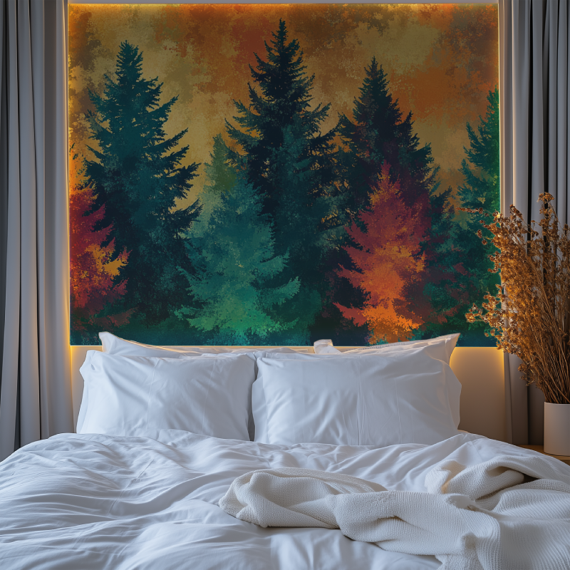 Pine forest wallpaper adding warmth to a minimalist bedroom setting