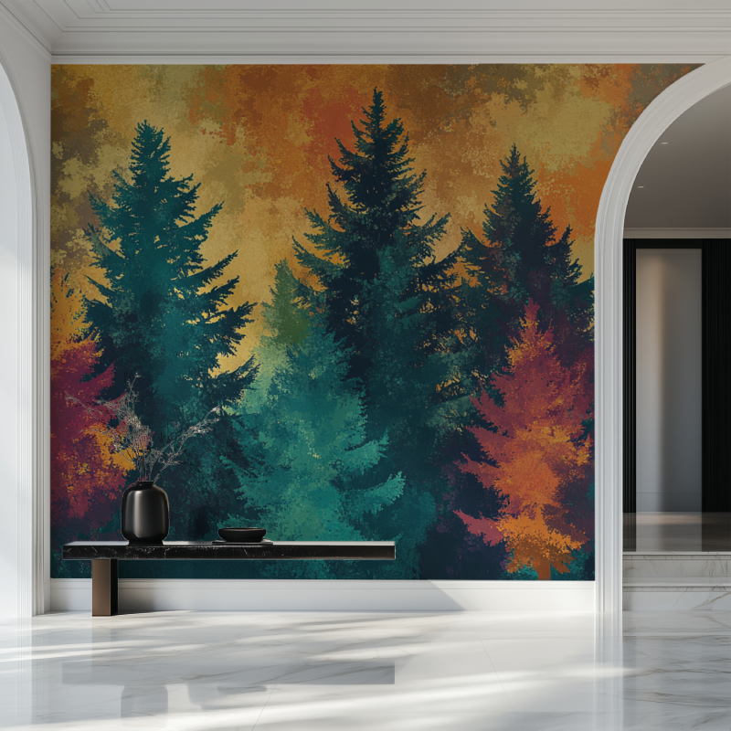 Nature wall mural transforming a home office with sunset forest views