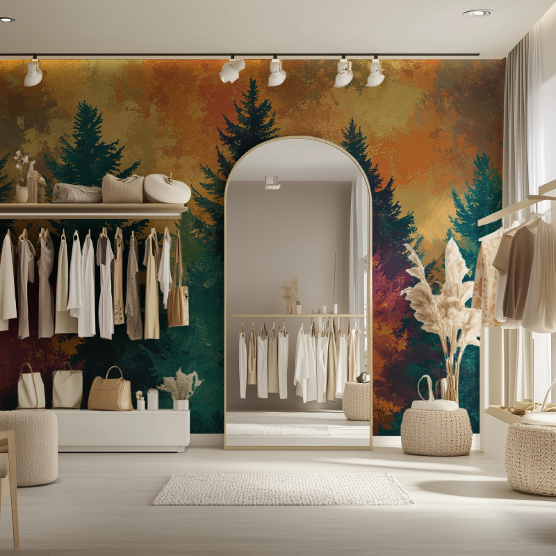 Forest themed wallpaper making a dining room feel like a woodland retreat