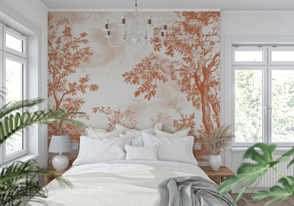 Woodland wallpaper creating depth in an elegant hallway setting