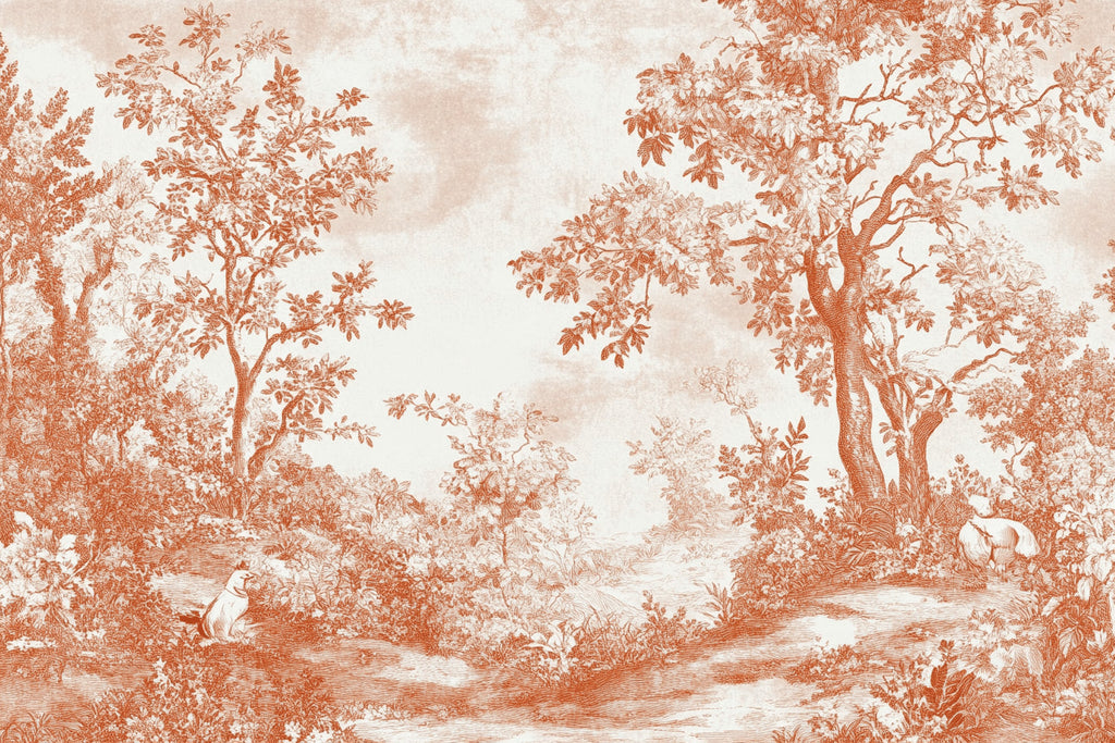 Design file showing detailed terracotta forest pattern with delicate tree silhouettes