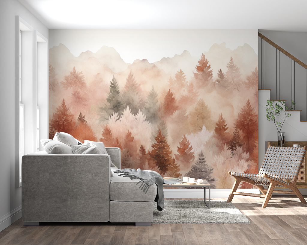 Forest wall mural bringing outdoor feel to meditation space