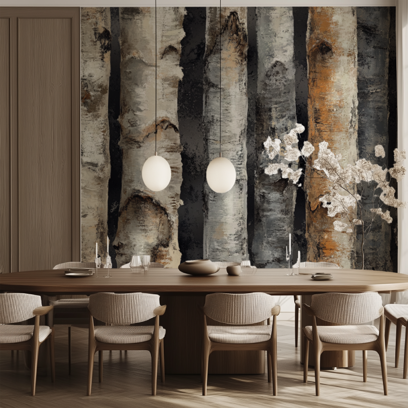 Birch tree wallpaper creating a stunning accent wall in a modern living room with natural light