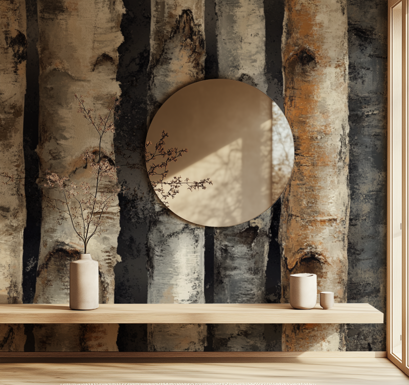 Textured birch tree wallpaper in a minimalist dining room setting