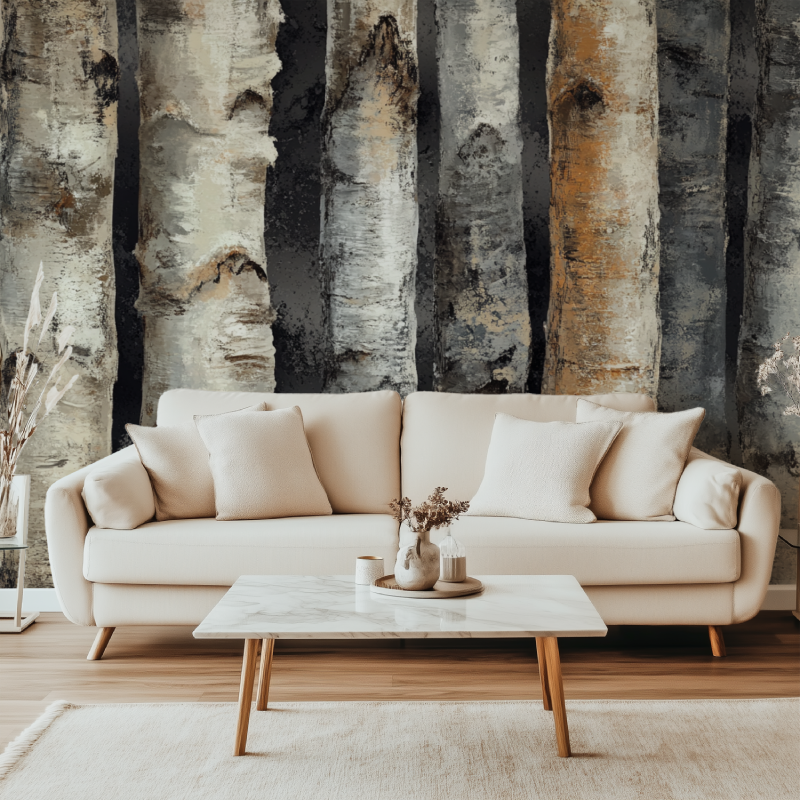 Forest wallpaper creating depth in a hallway with ambient lighting