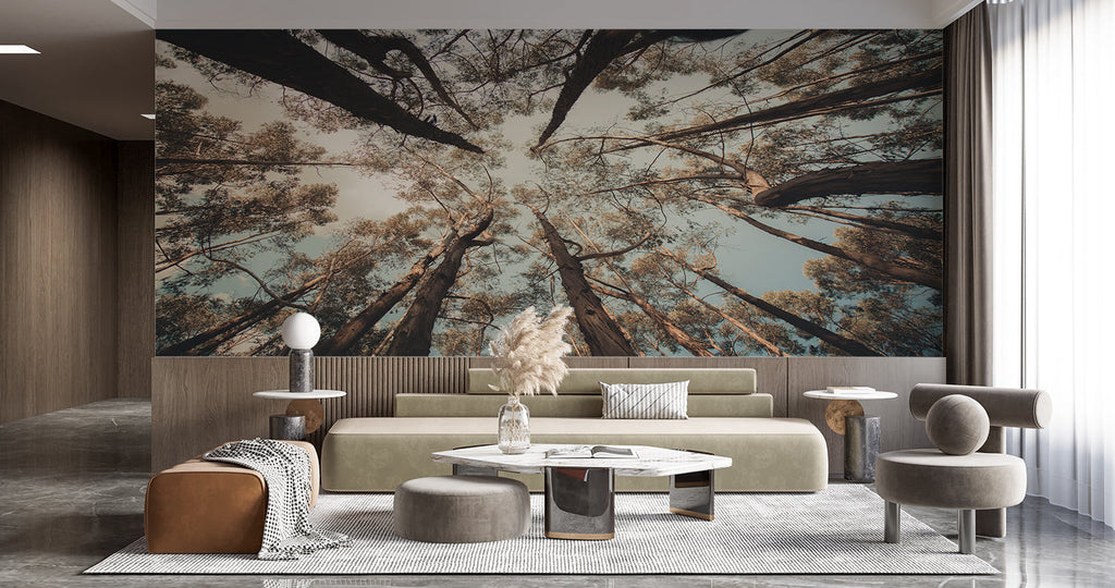 Forest wallpaper transforming home office with natural tree canopy view