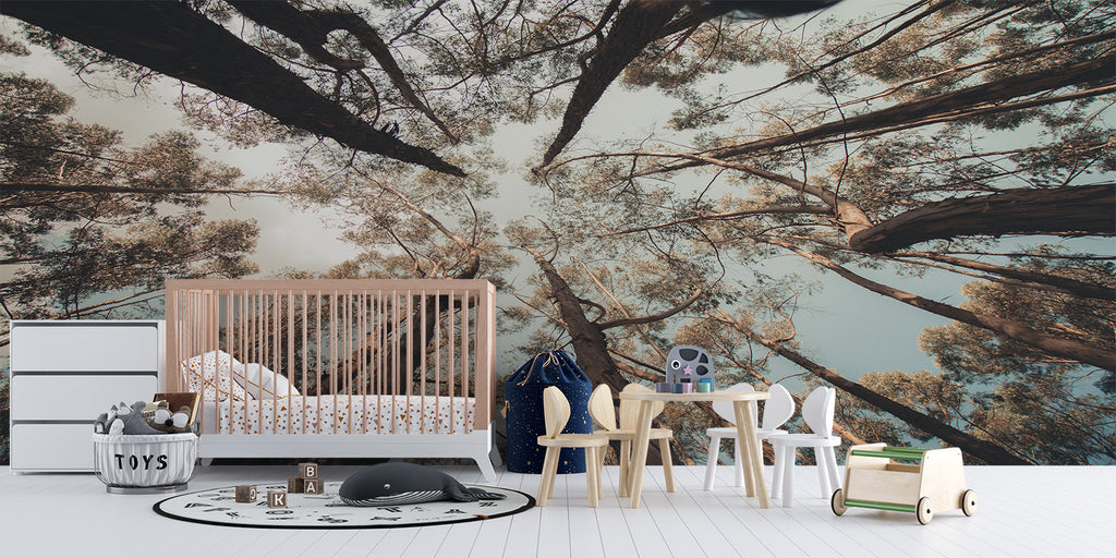Forest canopy wallpaper adding natural feel to meditation room