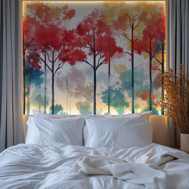 Red and turquoise forest wallpaper in modern living room creating a bold accent wall