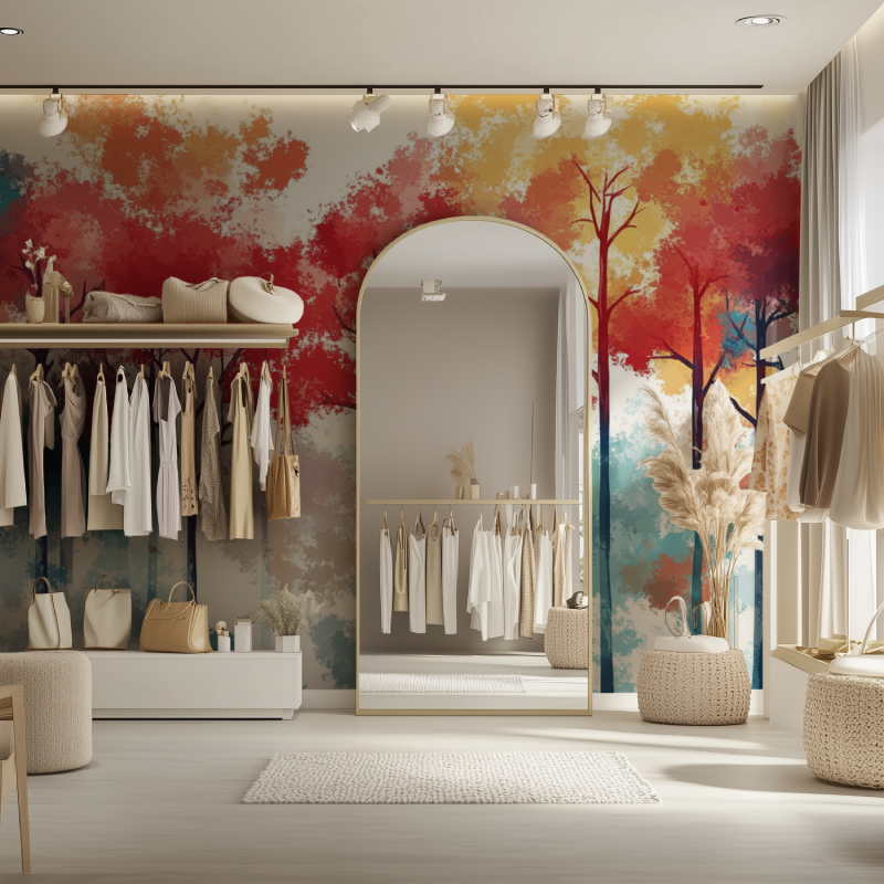 Watercolor tree mural in bedroom showing vibrant red and turquoise colors