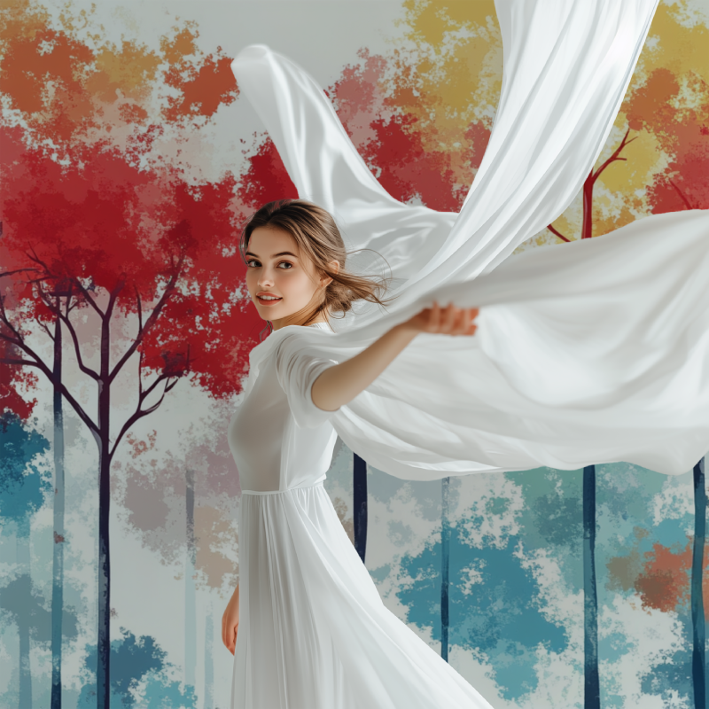 Forest wall mural adding color to minimalist home office space