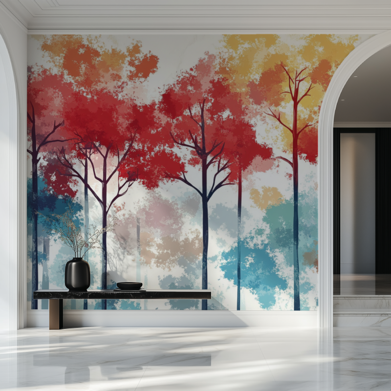 Nature inspired wallpaper brightening up dining room walls