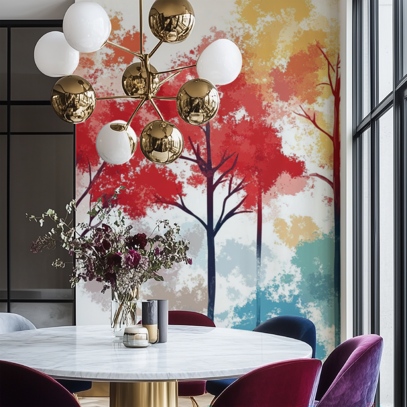 Abstract tree wallpaper installation in modern hallway