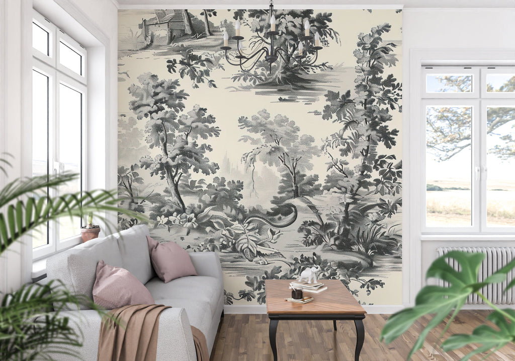Classic toile forest mural creating depth in a cozy living room setting