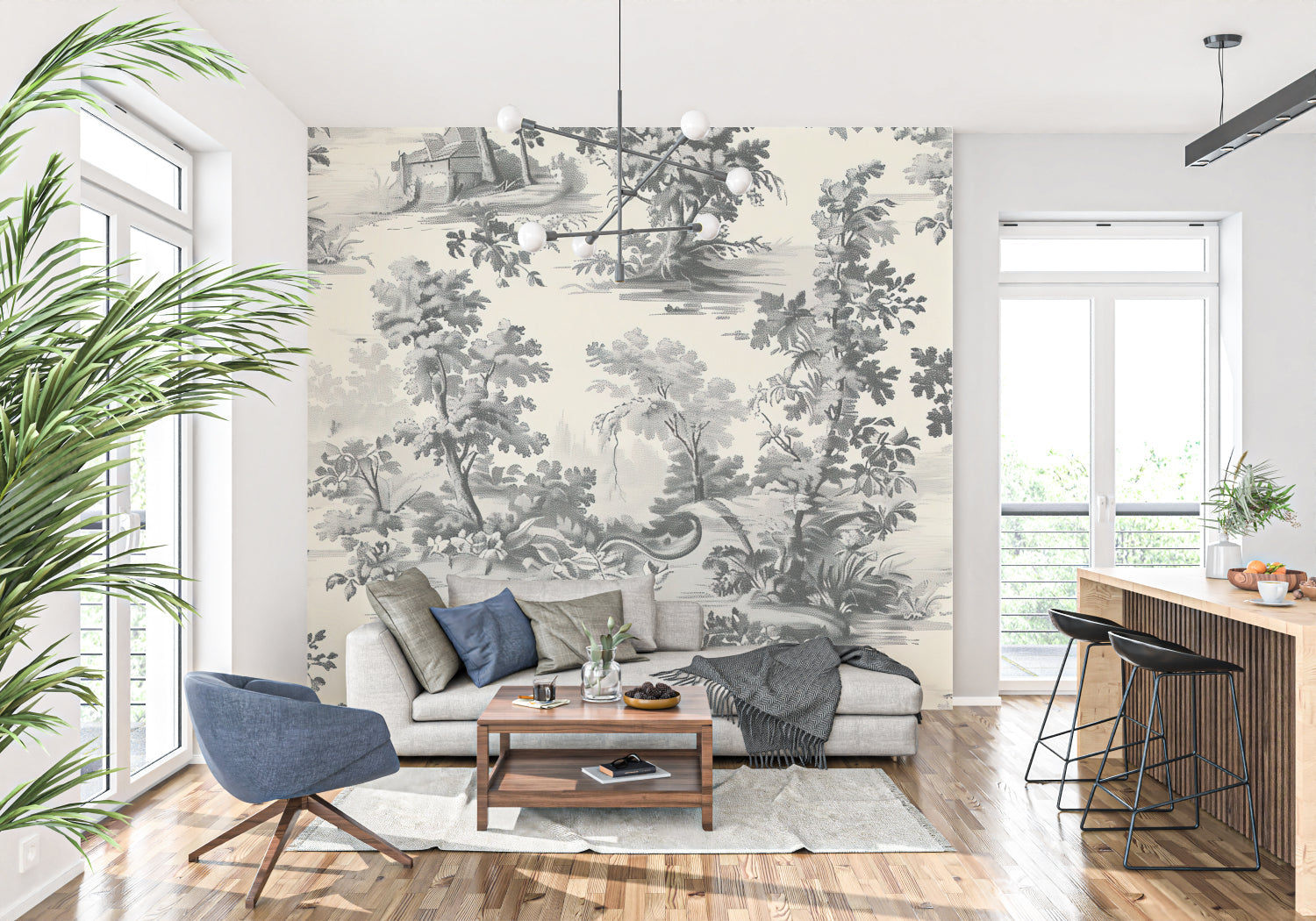 Toile de Jouy forest scene adding character to a home office space