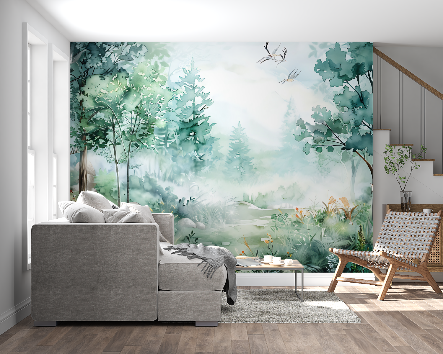 Woodland wall mural in bedroom setting with soft green tones and flying birds