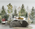 Watercolor Forest Mural transforms a modern living room with soft pine tree scenery