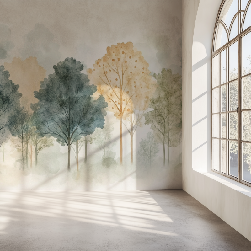Forest mural wallpaper creating depth in modern living room with grey sofa and natural light
