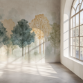 Forest mural wallpaper creating depth in modern living room with grey sofa and natural light