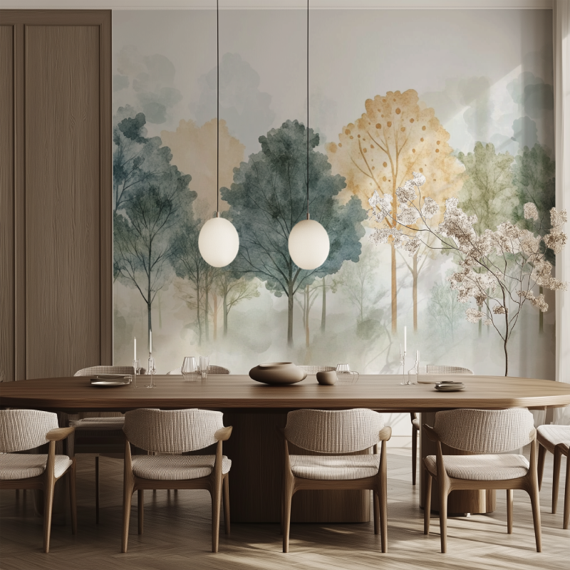 Watercolor forest wallpaper in cozy bedroom with wooden furniture