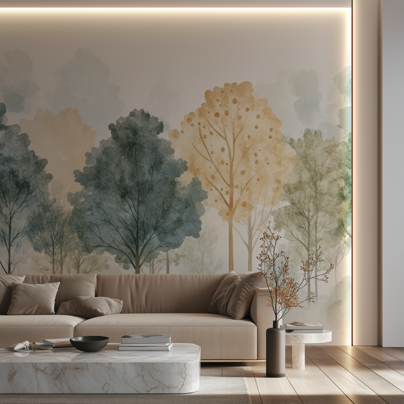 Forest wallpaper detail in home office with natural lighting