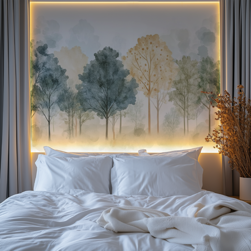 Beige forest mural creating calm atmosphere in reading nook