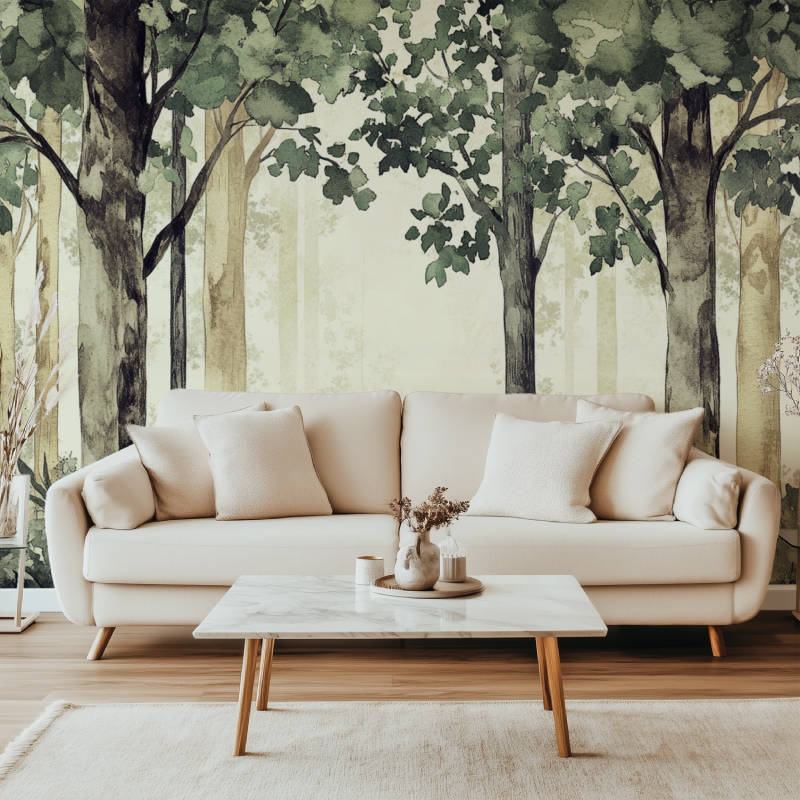 Forest bird wallpaper mural in modern Scandinavian living room with natural light