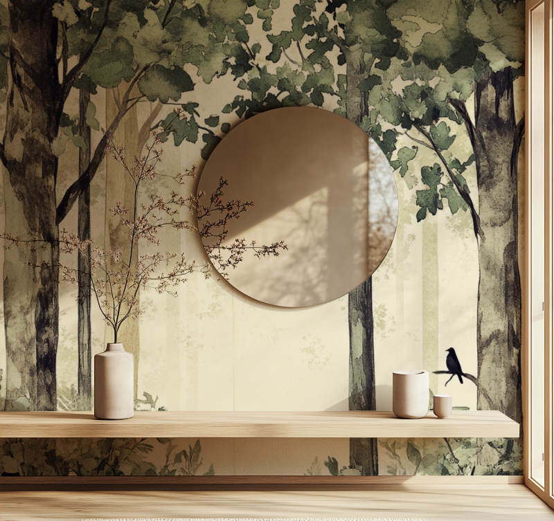 Watercolor forest wallpaper creating depth in cozy bedroom setting