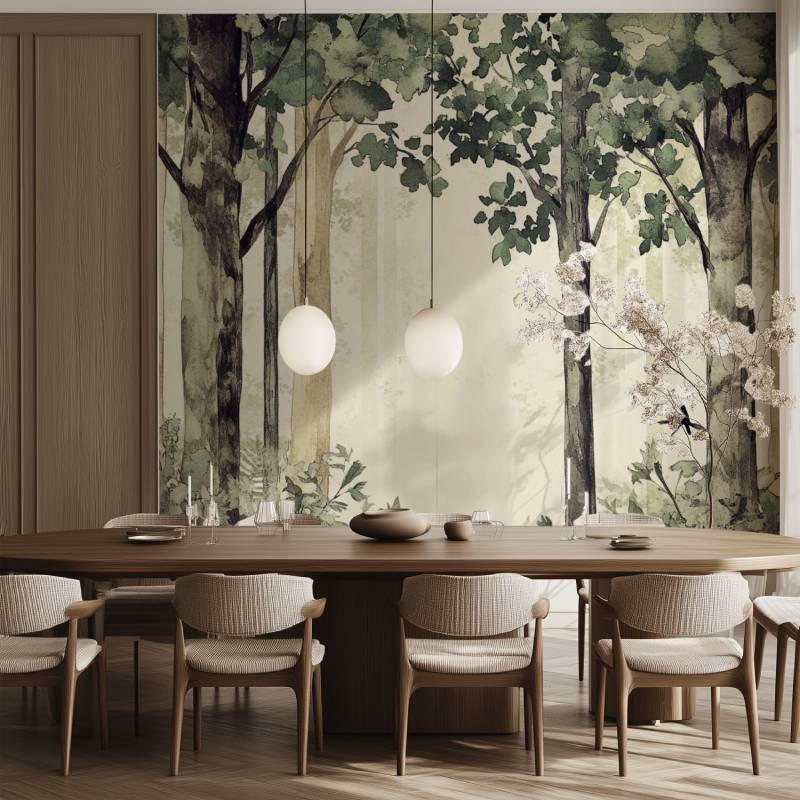 Nature wall mural with birds in minimalist dining room space