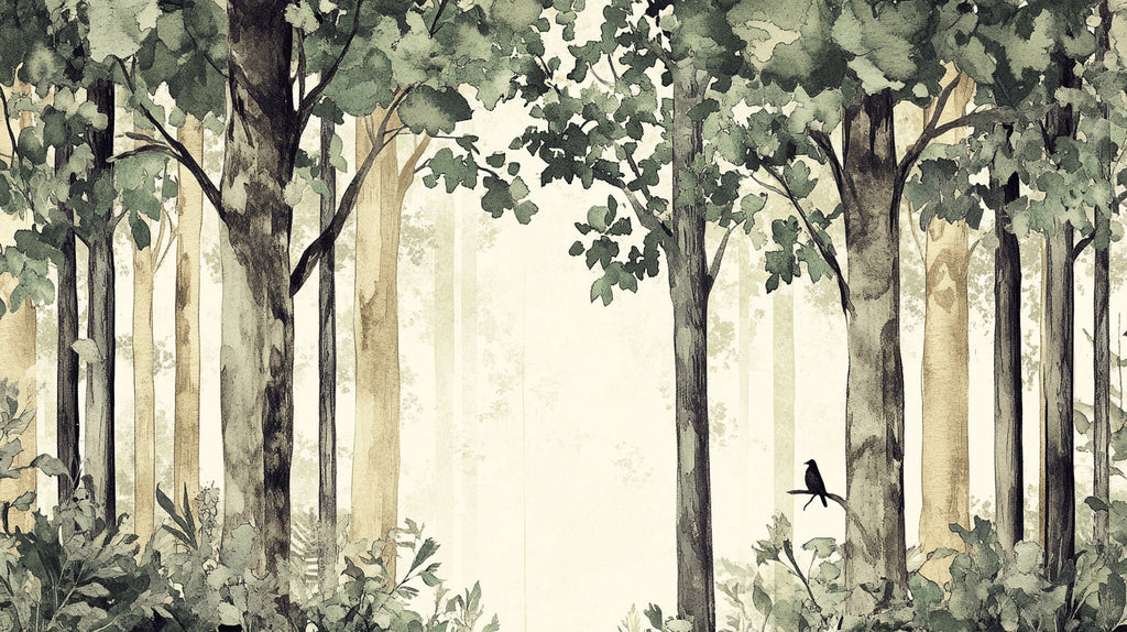 Forest and birds watercolor wallpaper design file showing full pattern detail