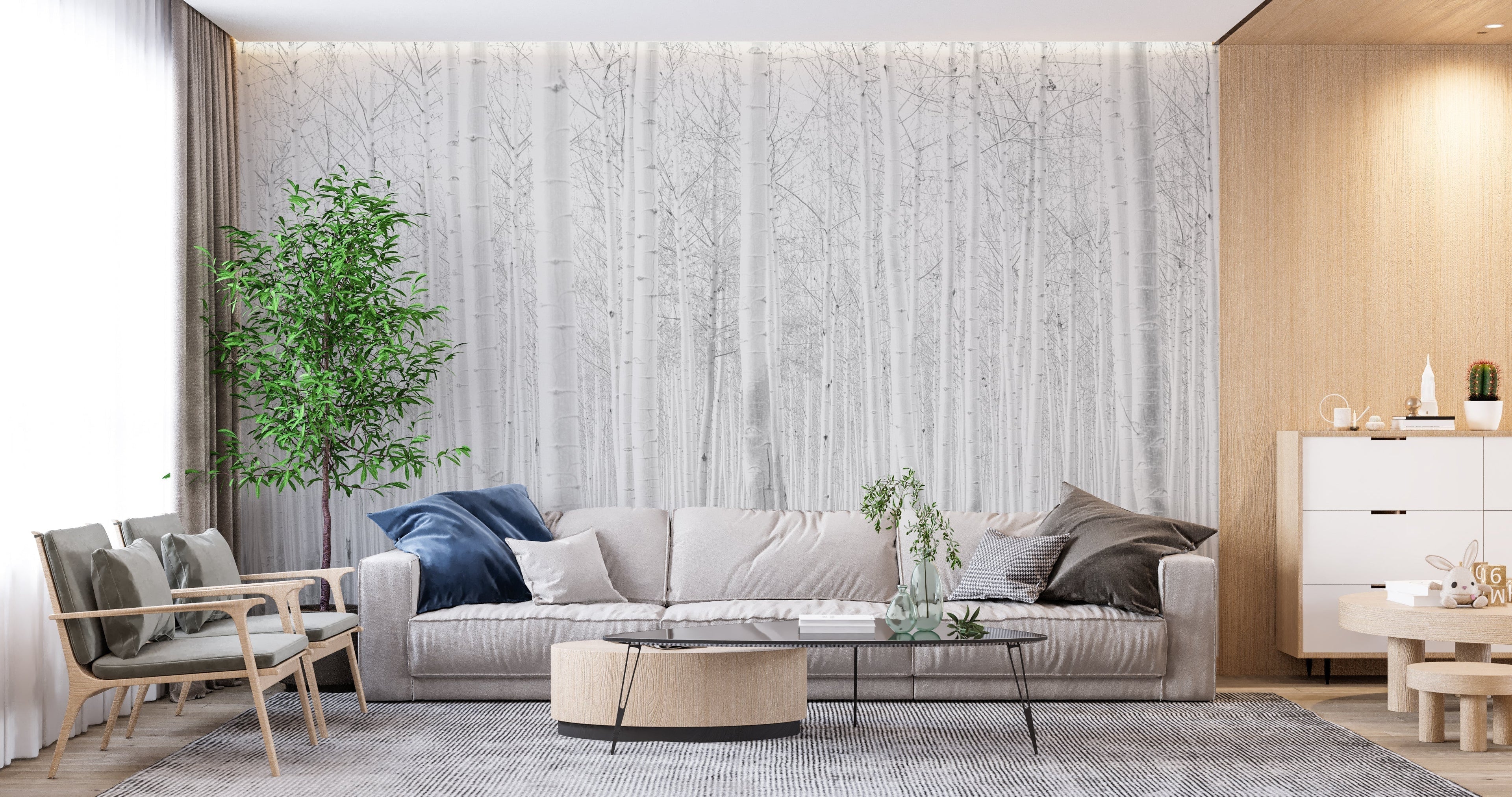 White birch forest wallpaper in modern minimalist bedroom, creating a serene atmosphere with natural light