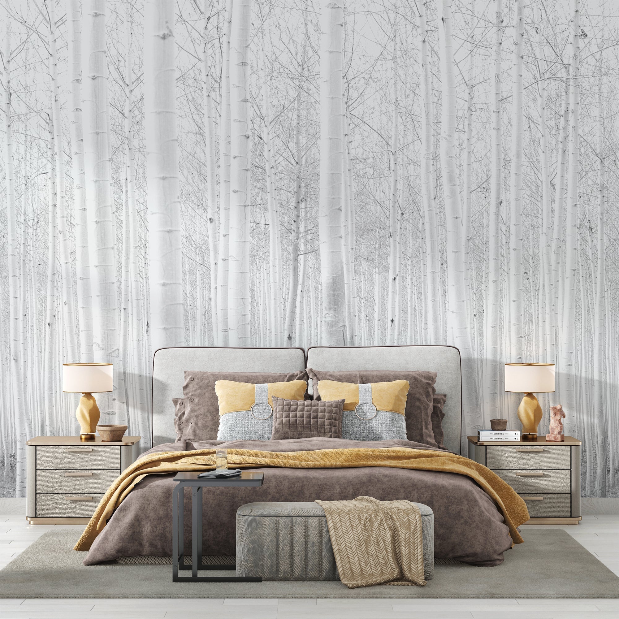 Birch tree wall mural in cozy living room setting, showcasing the mural's depth and texture
