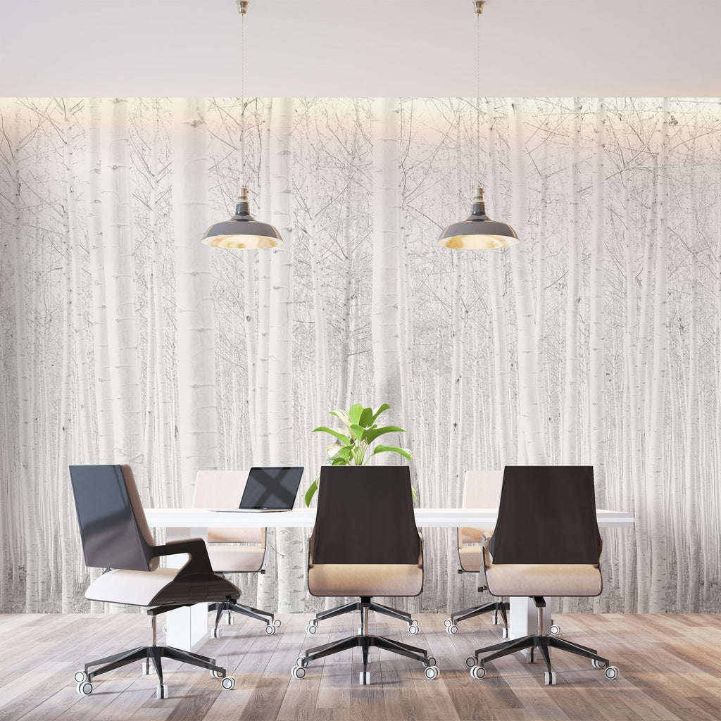 Forest wallpaper featuring white birch trees in modern home office space