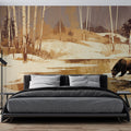 Forest wildlife wallpaper with winter bear scene styled in a modern Scandinavian living room