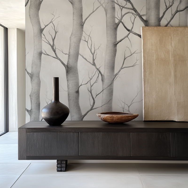 Winter forest wall mural brightening a cozy bedroom with soft grey tones
