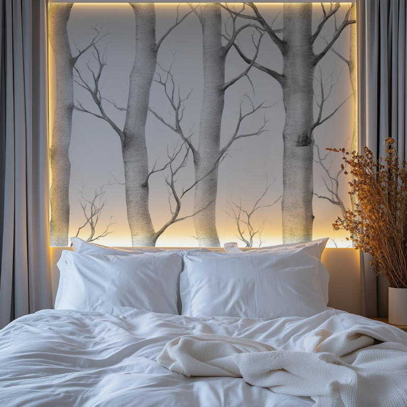 Forest tree wallpaper adding depth to a minimalist dining room space