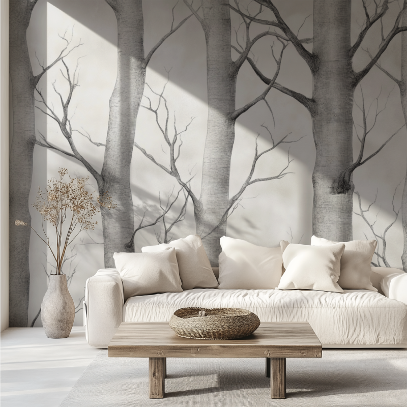 Grey birch tree mural making a home office feel calm and focused