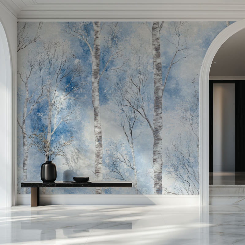 Winter birch tree wallpaper creating a peaceful atmosphere in a modern living room with white furniture