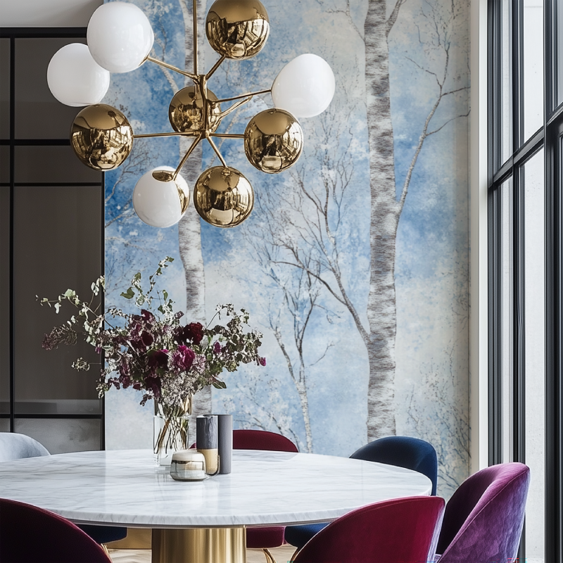 Bedroom featuring winter forest wallpaper with silver birch trees and blue sky