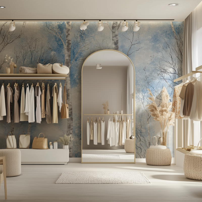 Home office space with forest wallpaper showing winter birch trees against blue sky