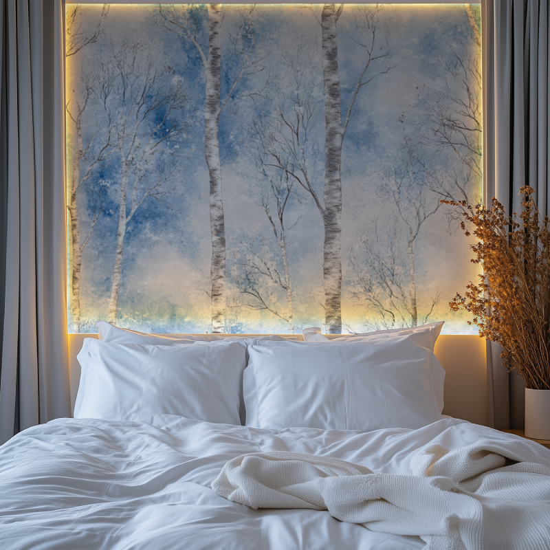 Meditation room with winter forest wall mural creating a peaceful setting