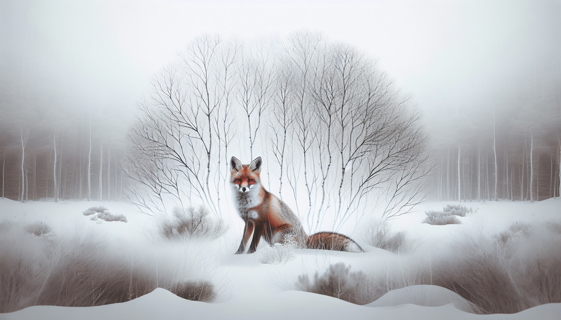 Winter fox in misty woods design file showing detailed forest mural pattern with fog effects