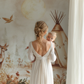 Woodland deer wallpaper mural in a cozy nursery with natural wood furniture and soft lighting