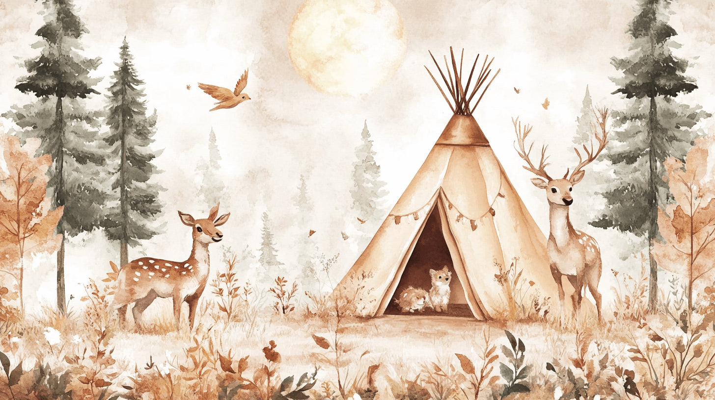Woodland deer and teepee design file showing intricate pattern details and soft color palette